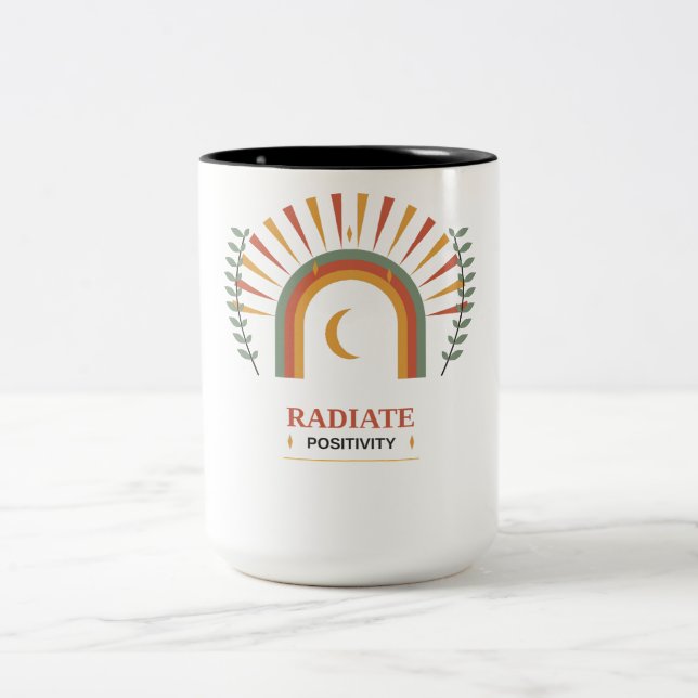 Caneca De Café Em Dois Tons Irradie Positividade Boho Celestial Sol Lua Botâni (Centro)