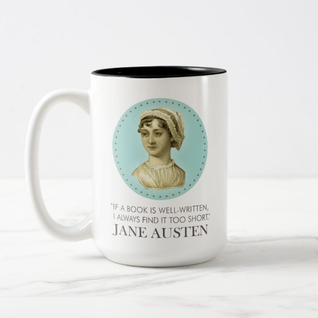 Caneca De Café Em Dois Tons Jane Austen Retrato e Citação na Leitura (Esquerda)