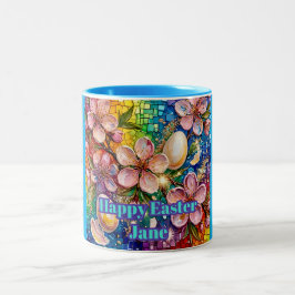 Caneca De Café Em Dois Tons ~ JANE ~ HAPPY EASTER ~ Flowers Eggs ~ 