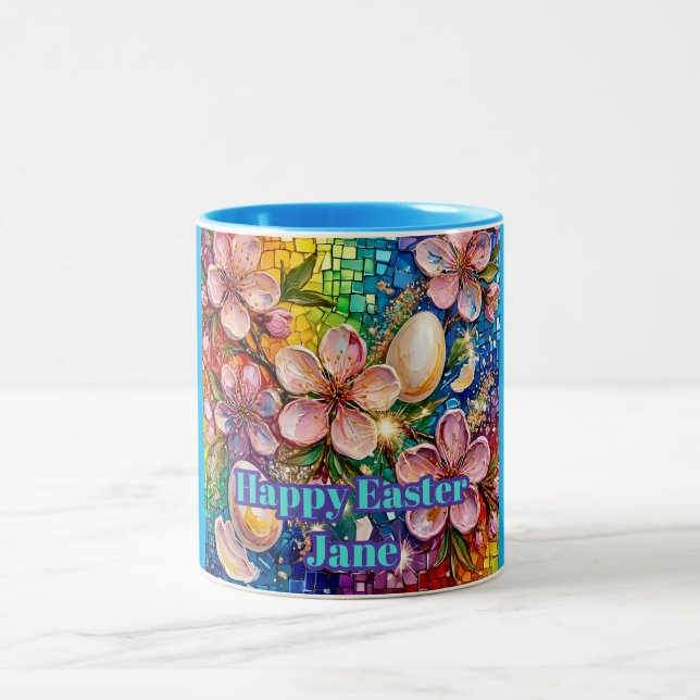 Caneca De Café Em Dois Tons ~ JANE ~ HAPPY EASTER ~ Flowers Eggs ~  (Centro)