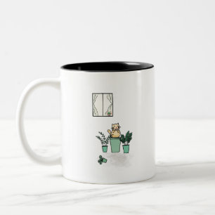 Caneca De Café Em Dois Tons Janela Café Gato Plantas Planilhas Verde