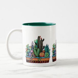 Caneca De Café Em Dois Tons Jardim bonito do cacto da aguarela no pote