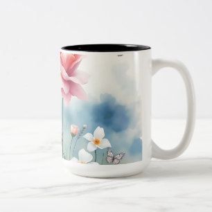 Caneca De Café Em Dois Tons Jardim de Bloqueio de Aquarela com Borboletas