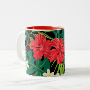 Caneca De Café Em Dois Tons Jardim de Hibisco Lunar Havaiano - Vermelho e Pret