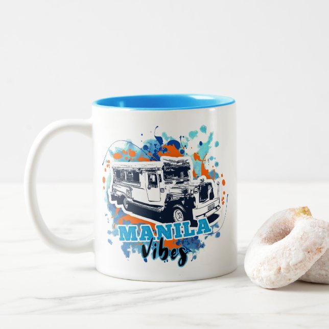 Caneca De Café Em Dois Tons Jeepney Manila Vibes Blue Orange (Com Donut)