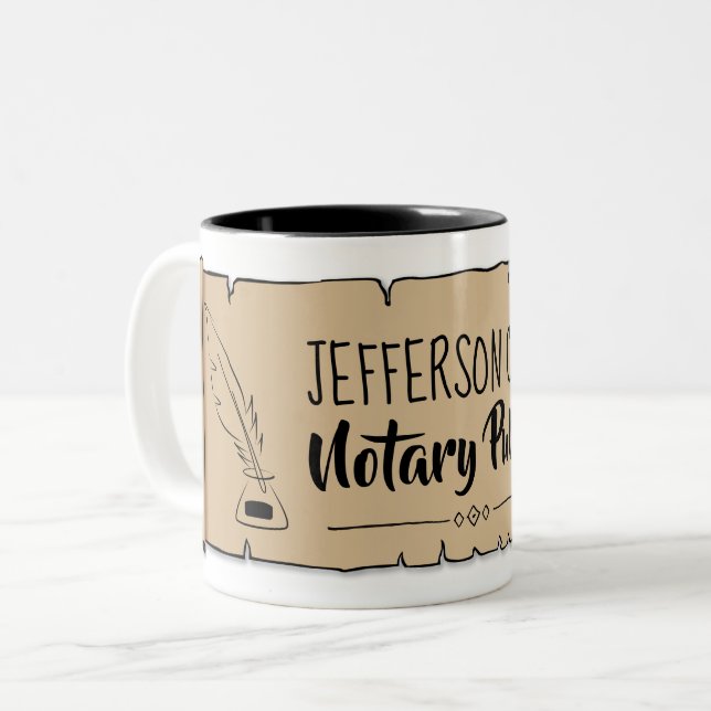 Caneca De Café Em Dois Tons Jefferson City Notary Public Scroll Feather Quill (Frente Esquerda)
