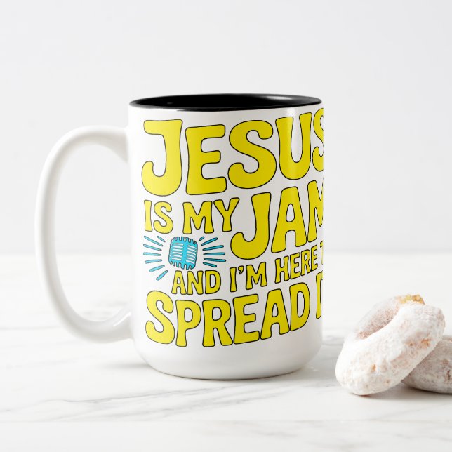 Caneca De Café Em Dois Tons Jesus Is My Jam Funny Christian Faith Music (Com Donut)