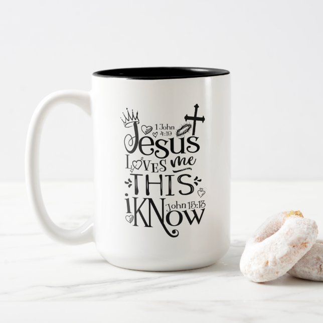 Caneca De Café Em Dois Tons JESUS ME AMA Christian Faith Cotação Black (Com Donut)