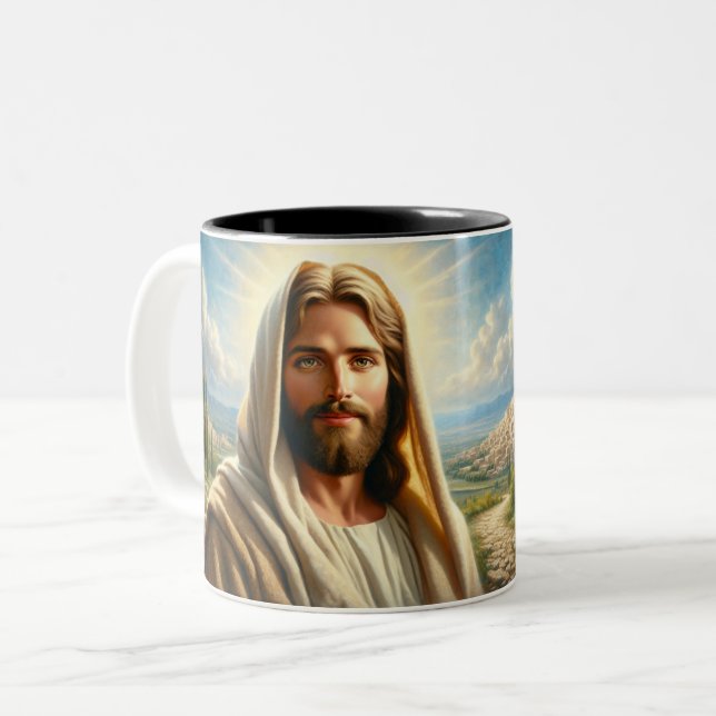 Caneca De Café Em Dois Tons Jesus sorrindo debaixo de um céu celeste (Frente Esquerda)