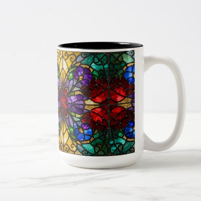 Caneca De Café Em Dois Tons Jewel Tone Floral Stained Glass Art Mug (Direita)