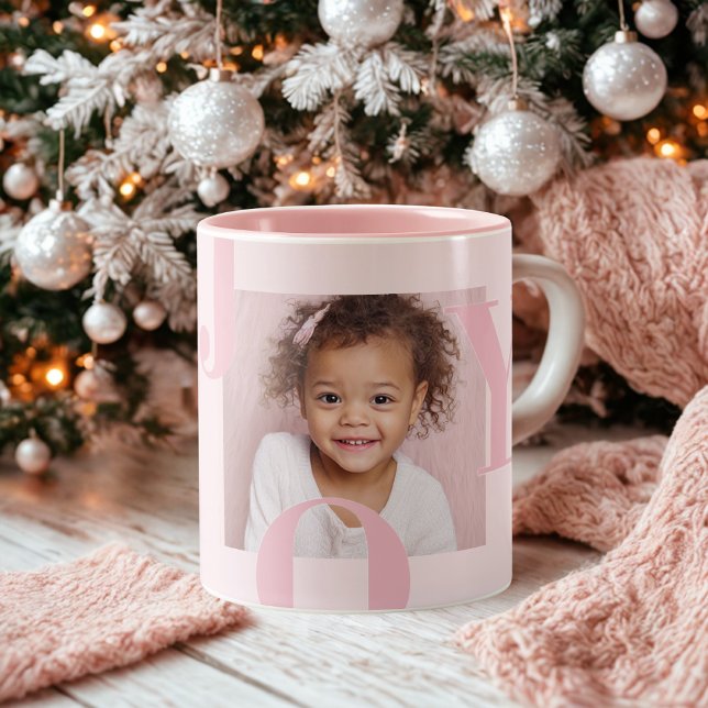 Caneca De Café Em Dois Tons JOY Rosa Choque Natal | Foto Personalizada (Criador carregado)