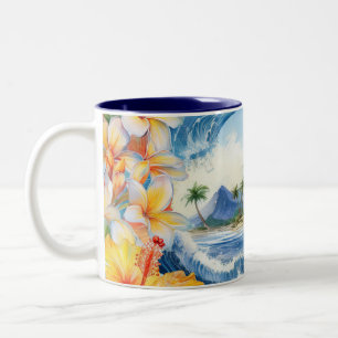 Caneca De Café Em Dois Tons Kai Aloha Hibiscus Aquarela Onda