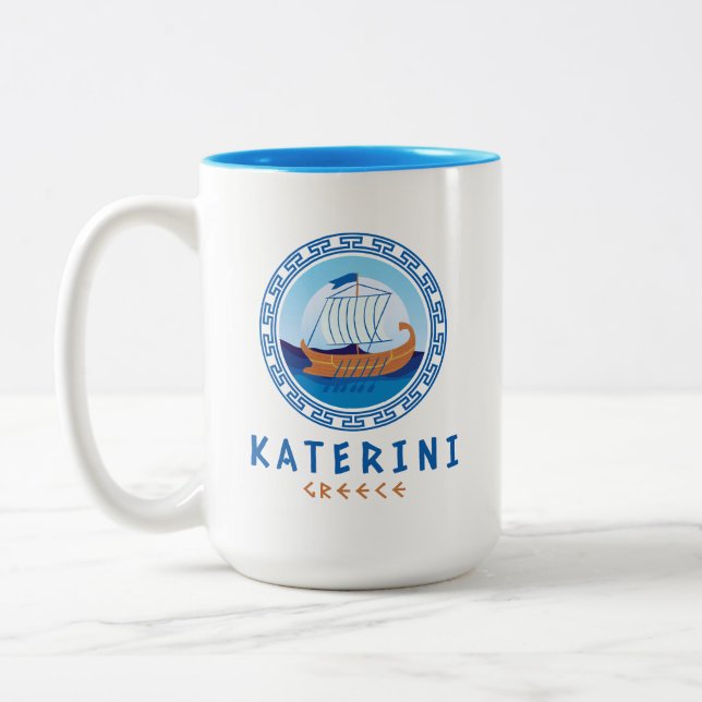 Caneca De Café Em Dois Tons Katerini, Grécia Desenho de Navio Grego (Esquerda)