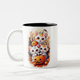 Caneca De Café Em Dois Tons Kawaii Kittens brincando com uma pequena abóbora