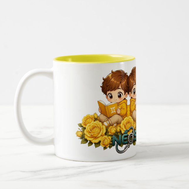 Caneca De Café Em Dois Tons Kawaii Zodíaco Neos Gêmeos (Esquerda)
