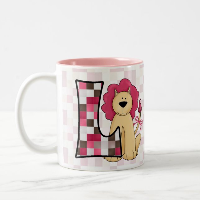 Caneca De Café Em Dois Tons Kids Pink Lion Monogram Letter L with Nmae (Esquerda)