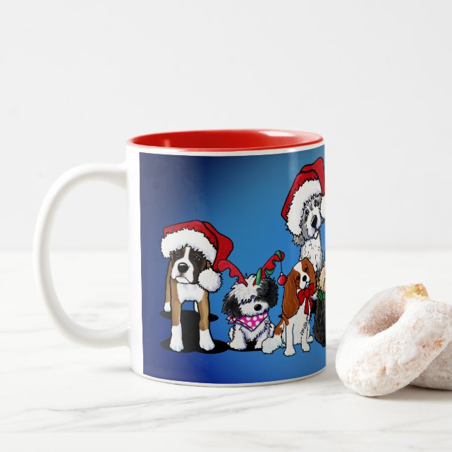 Caneca De Café Em Dois Tons KiniArt Cães Cama de Natal (Com Donut)