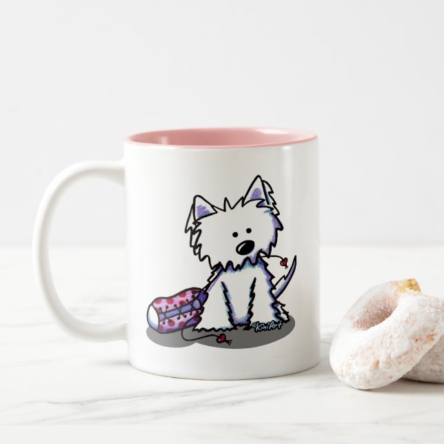 Caneca De Café Em Dois Tons KiniArt Westie O Cão (Com Donut)