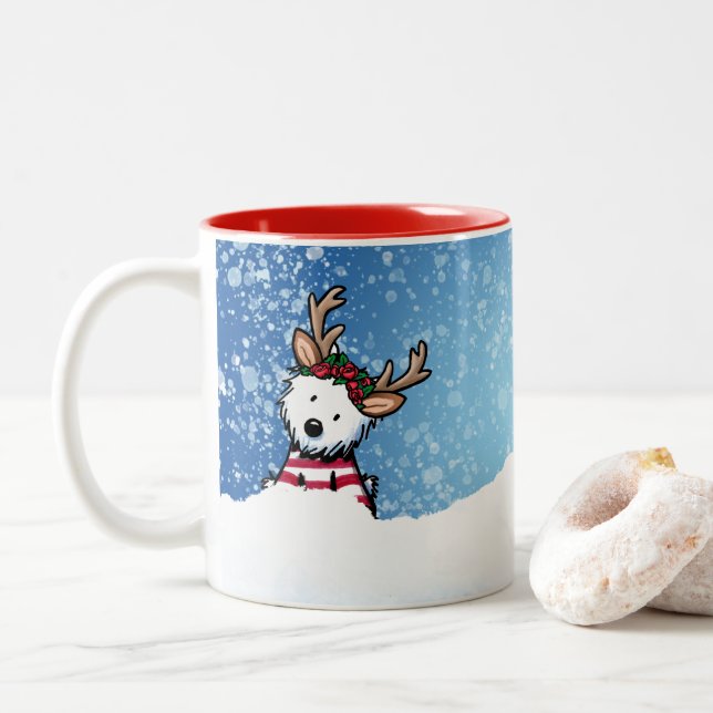 Caneca De Café Em Dois Tons KiniArt Westie Reindeer Christmas Mug (Com Donut)