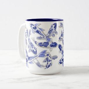 Caneca De Café Em Dois Tons Koi azul e branco