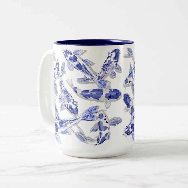Caneca De Café Em Dois Tons Koi azul e branco (Frente Esquerda)