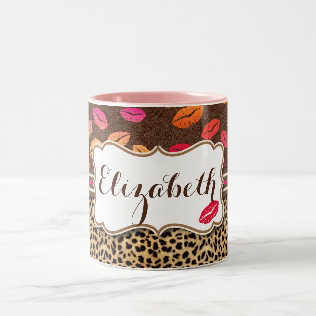 Caneca De Café Em Dois Tons Lábios de impressão Leopard Kisses personalizados (Centro)