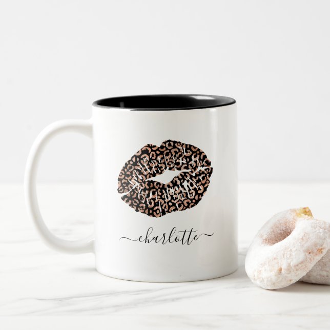 Caneca De Café Em Dois Tons Lábios-leopardo, Mug de impressão animal (Com Donut)