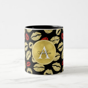 Caneca De Café Em Dois Tons Lábios Pretos Dourados vermelhos Monograma Abstrat
