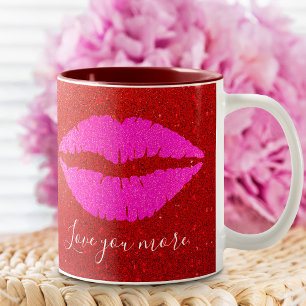 Caneca De Café Em Dois Tons Lábios Rosa Vermelho Brilhante Te Ama Mais Estimul