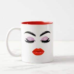 Caneca De Café Em Dois Tons Lábios Vermelhos Glamorosos Elegantes e Eyelashes 