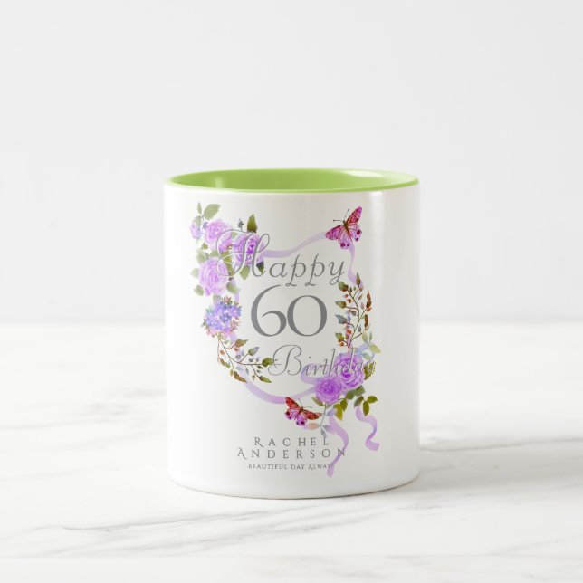 Caneca De Café Em Dois Tons Laço de Rosa Roxa 60º Aniversário (Centro)