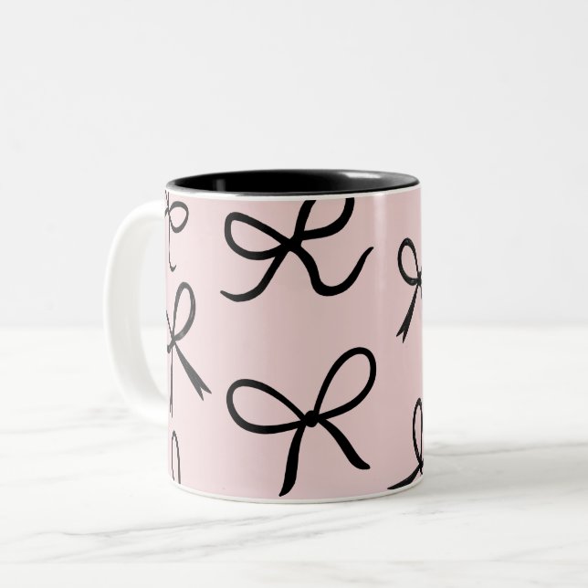 Caneca De Café Em Dois Tons Laços Pretos Pequenos Lindos e Na Moda Rosa (Frente Esquerda)