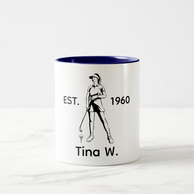 Caneca De Café Em Dois Tons Lady Golfer Nome personalizado e ano (Centro)