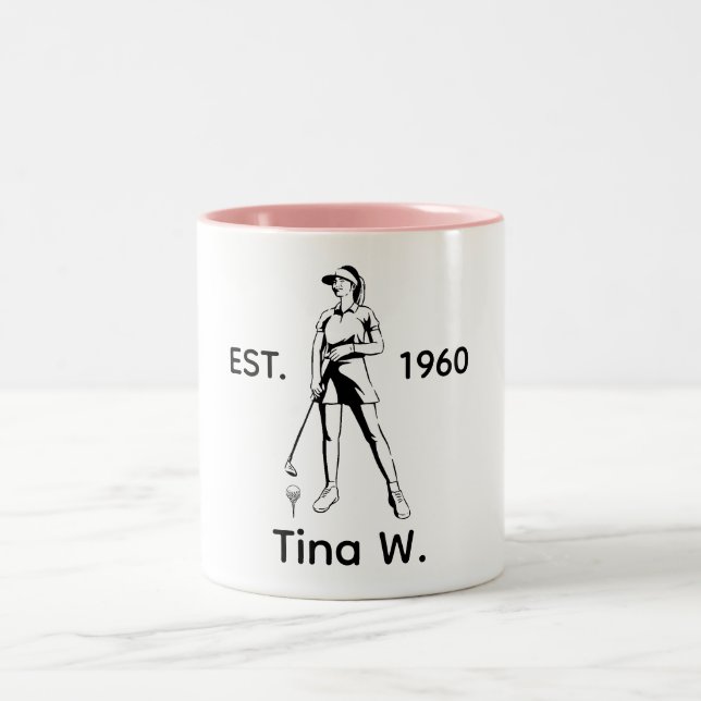 Caneca De Café Em Dois Tons Lady Golfer Nome personalizado e ano (Centro)