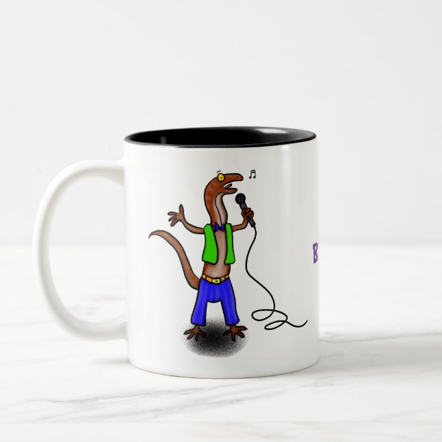 Caneca De Café Em Dois Tons Lagarto engraçado cantando com desenho de microfon (Esquerda)
