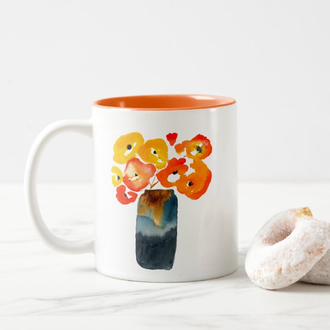 Caneca De Café Em Dois Tons Laranja-aquarela e papoilas vermelhas (Com Donut)