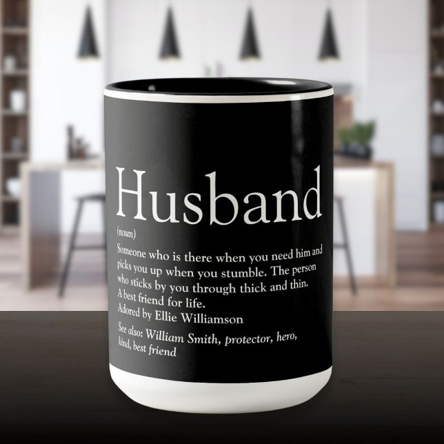 Caneca De Café Em Dois Tons Legal preto e branco com definição de marido (Husband Definition Fun Cool Black and White Two-Tone Coffee Mug)