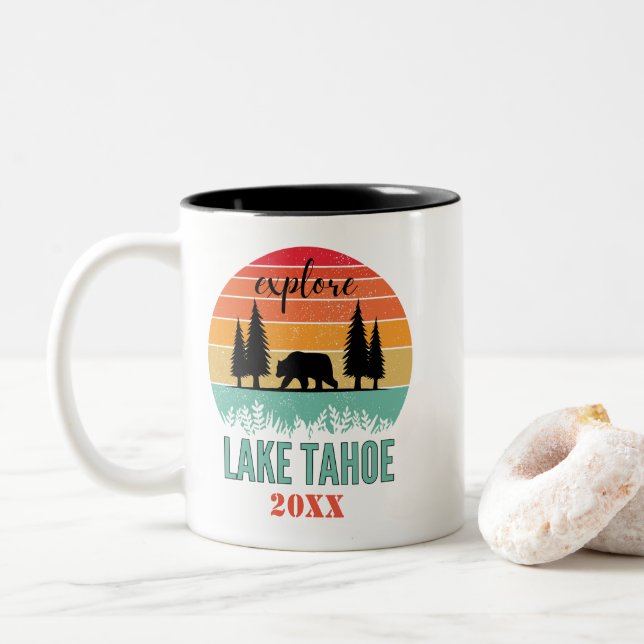 Caneca De Café Em Dois Tons Lembrança Personalizada Retro do Lago Tahoe Califó (Com Donut)