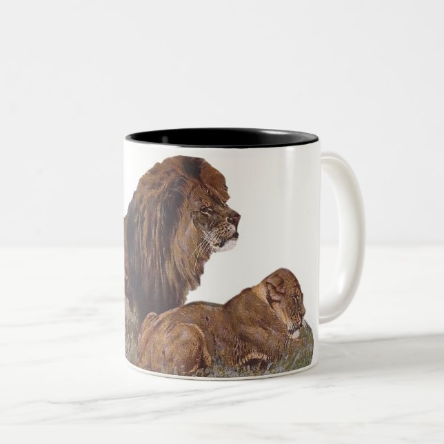 Caneca De Café Em Dois Tons Leoa e leão de gatos selvagens africanos (Frente Esquerda)