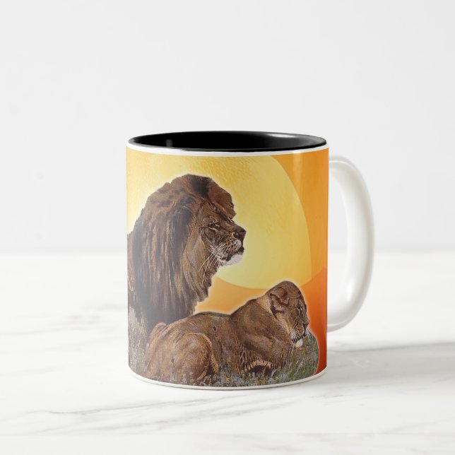 Caneca De Café Em Dois Tons Leoa e leão de gatos selvagens africanos (Frente Esquerda)