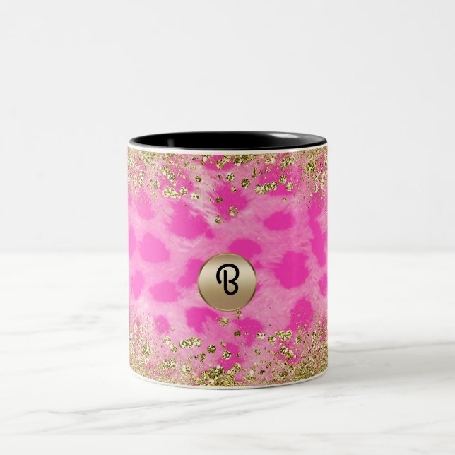 Caneca De Café Em Dois Tons Leopardo Rosa Cheetah Estampa Glitter Dourado Mono (Centro)