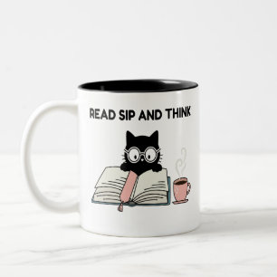 Caneca De Café Em Dois Tons Ler, Beber E Pensar Gato Fofo Lendo Livro & Café