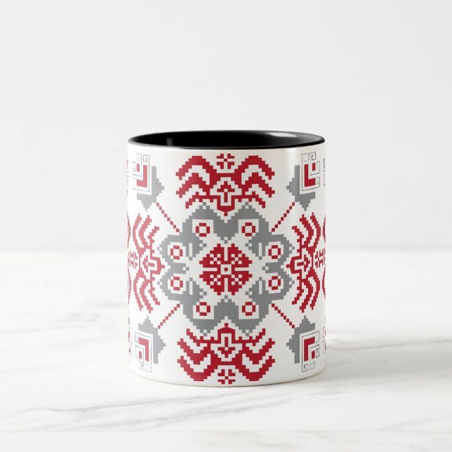 Caneca De Café Em Dois Tons Letão Auseklis Folk — medalhão geométrico (Centro)