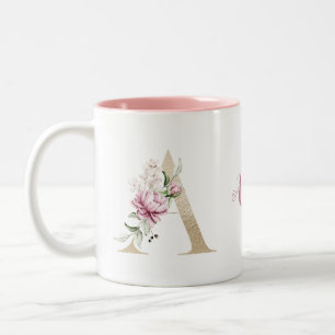 Caneca De Café Em Dois Tons Letra A Dourada Monograma Personalizada Floral Ros