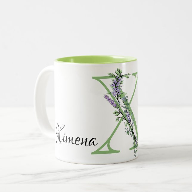 Caneca De Café Em Dois Tons Letra alfabética X, botânica da Lavanda de aquarel (Frente Esquerda)