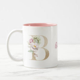 Caneca De Café Em Dois Tons Letra B Dourada Monograma Personalizada Floral Ros
