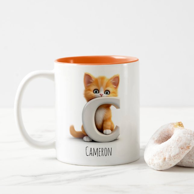 Caneca De Café Em Dois Tons Letra C Cat Alphabet Monograma Café Mug (Com Donut)