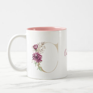 Caneca De Café Em Dois Tons Letra C Dourada Monograma Personalizada Floral Ros