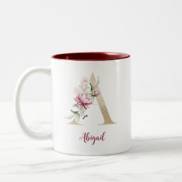 Caneca De Café Em Dois Tons Letra Dourada A, Monograma A, Presente Floral Rosa