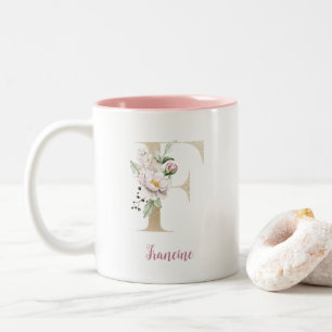 Caneca De Café Em Dois Tons Letra Dourada F, Monograma F, Floral Cor-de-Rosa, 